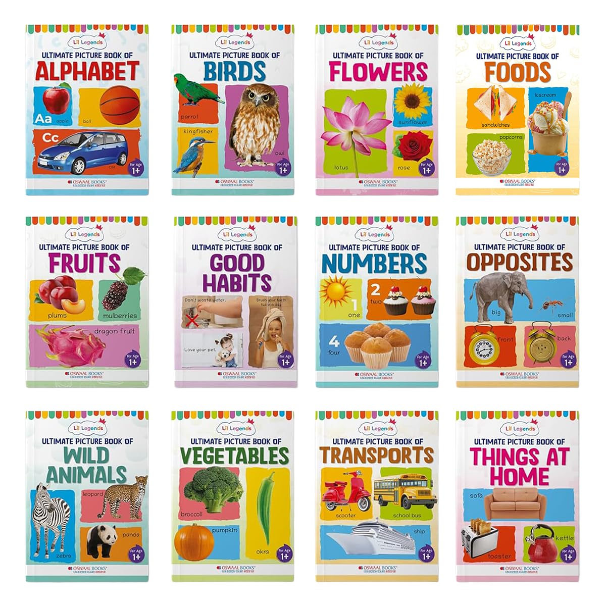LIL LEGENDS Lil Legends Set of 12 Picture Books - Early Learning Collection for Kids Age 1+ Years | Alphabet, Numbers, Birds, Flowers, Foods, Fruits, Vegetables, Wild Animals, Good Habits & Many More - Image 1